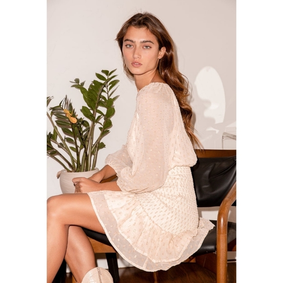 LULU'S All The Cheers Cream and Gold Dotted Smocked Mini Dress Size Large - Picture 3 of 13